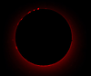 � S. Bergthal; Sonne im H-Alpha-Licht am 22.07.2001 um 15.30 Uhr MEZ mit Zeiss AS 100/1000 und Protuberanzen-Ansatz nach Lille. Brennweite f = 1.700 mm. Belichtungszeit t = 1/250 s auf Fuji Velvia 50.